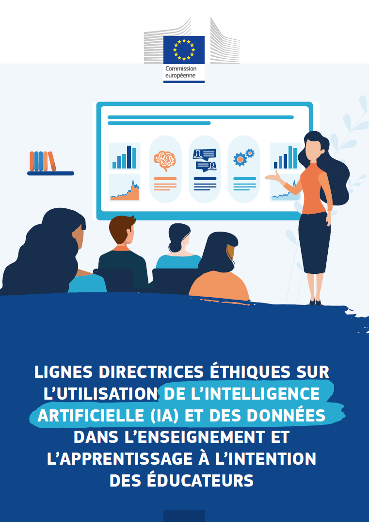 Page de couverture du document de la commission européenne sur les lignes directrices éthiques sur l'IA. On voit une femme devant un écran expliquer, à une assemblée de 4 personnes, différents usages de l'IA représentés par des symboles (des statistiques, un cerveau, un dialogue, un mécanisme)