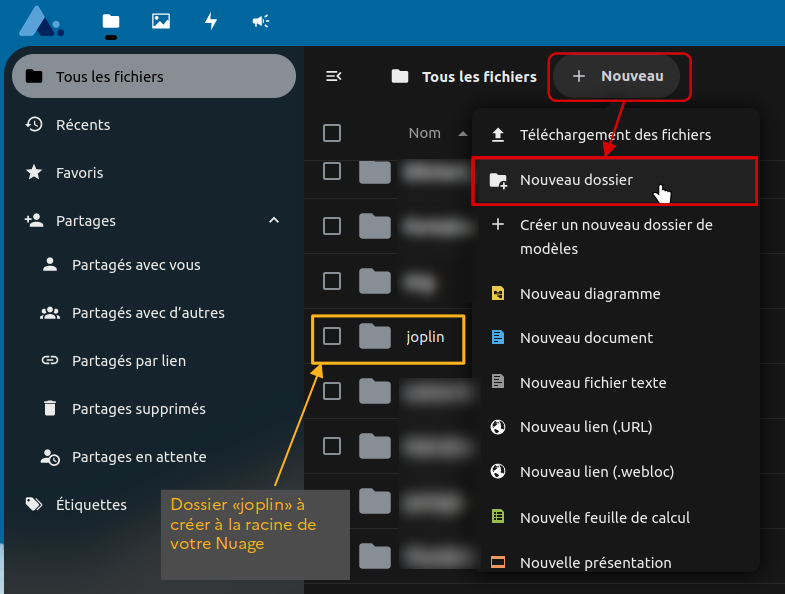 capture d'écran d'une fenêtre de Nuage montrant comment créer un nouveau dossier «joplin» à la racine