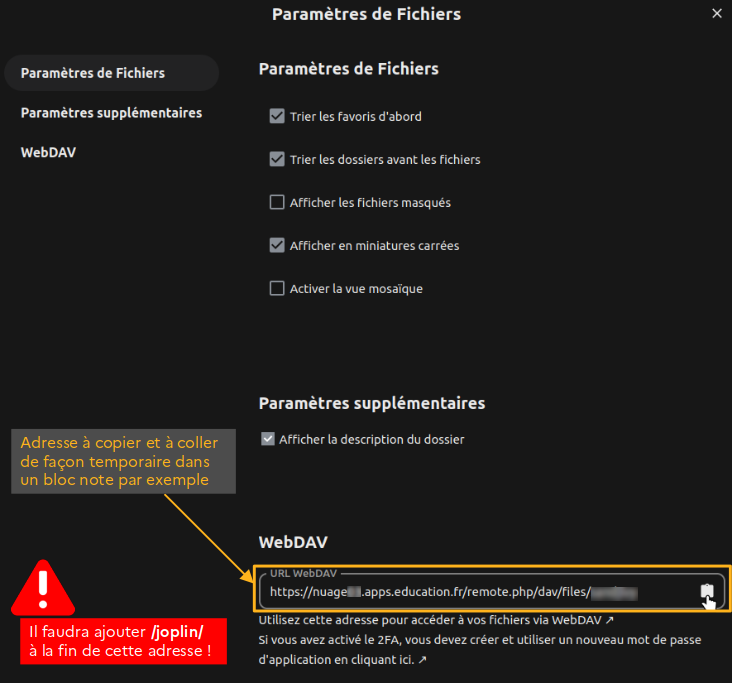 capture d'écran d'une fenêtre de Nuage montrant l'adresse "WebDAV" de son Nuage