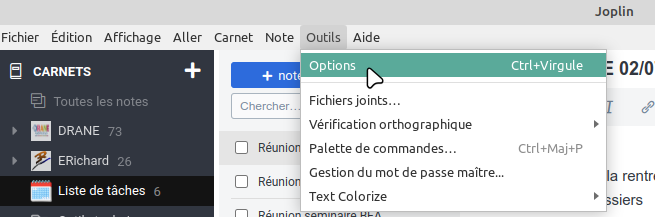 capture d'écran de la fenêtre «Options» de Joplin
