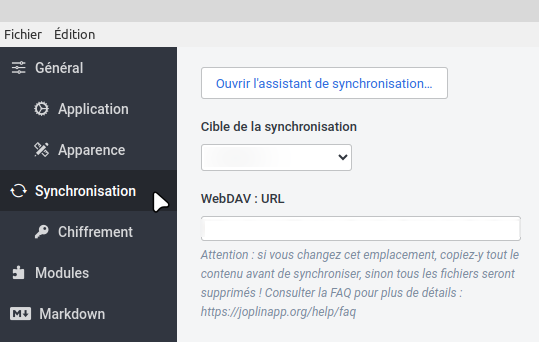 capture d'écran d'une fenêtre de Joplin avec focus sur l'option de «Synchronisation»