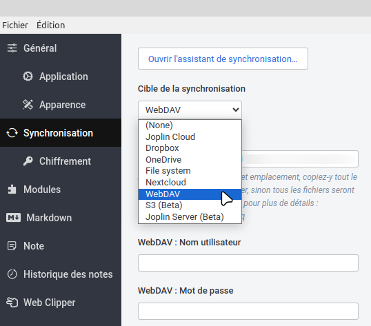 capture d'écran d'une fenêtre de Joplin avec focus sur le choix de la «Cible de synchronisation» en «WebDAV»