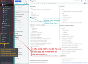 capture d'écran d'une fenêtre de Joplin avec focus sur une liste de notes, sur la gestion des carnets et sur les étiquettes